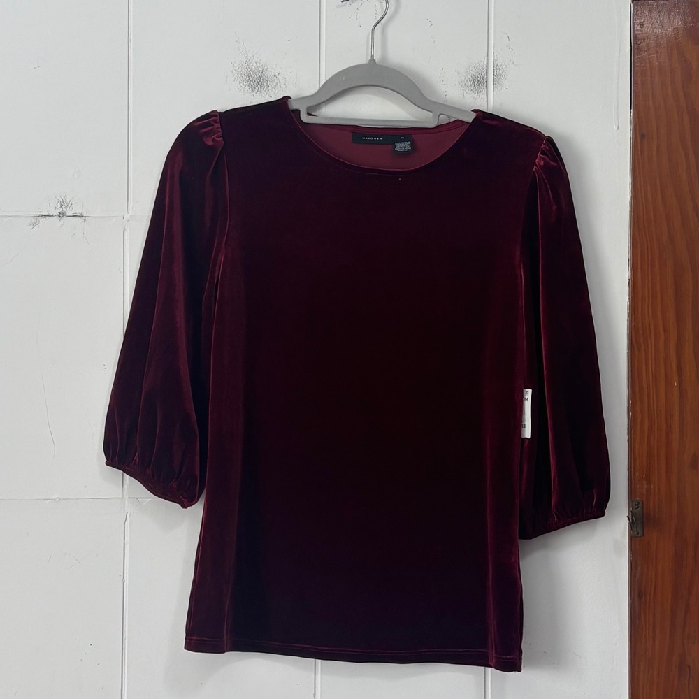 Halogen Womens Burgundy Stem Velvet Puff Sleeve Top M